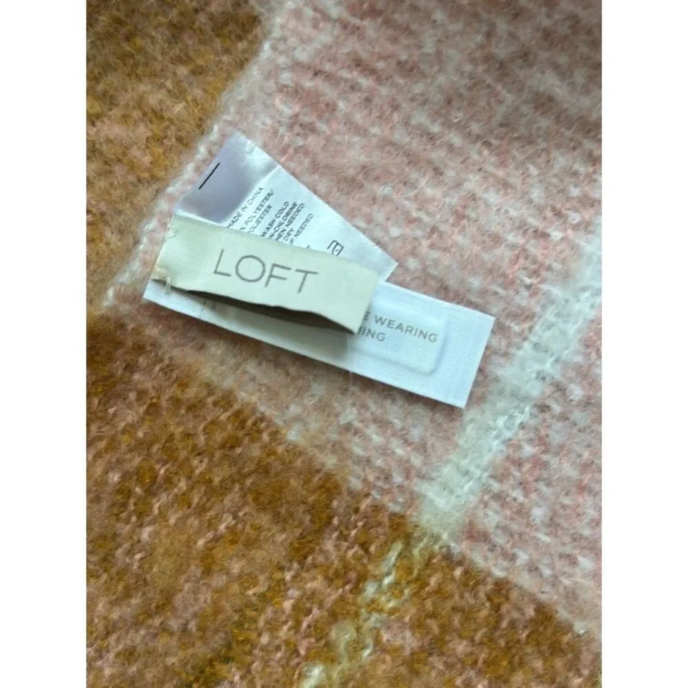 LOFT Plaid Fringe Scarf in Pink, White & Mustard